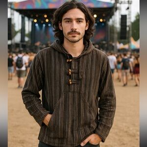 SHOP Therapy Mens Striped Wooden toggles Hoodie, Shirt L Grunge Goth Streetwear